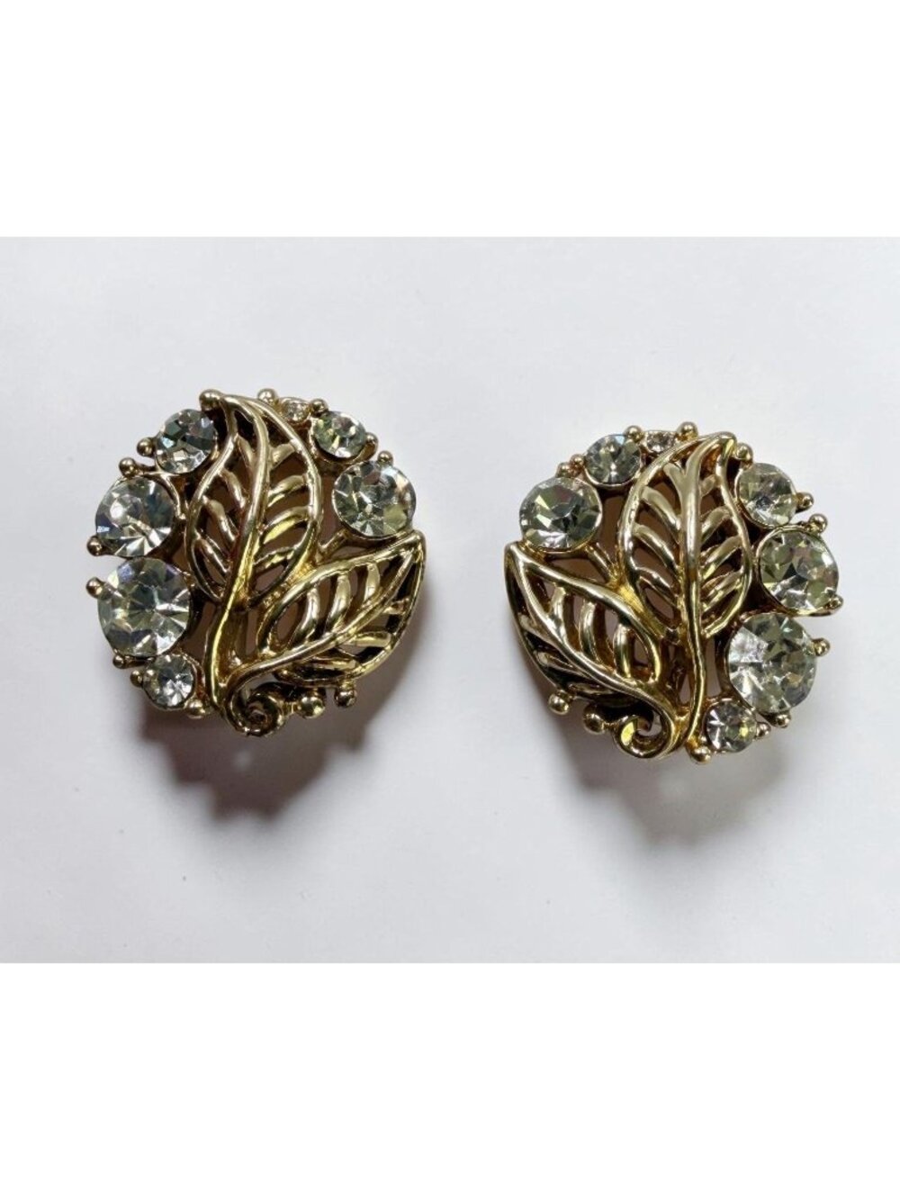 Vintage Gold Tone Floral Rhinestone Earrings Screw Back Leaf Motif Elegant